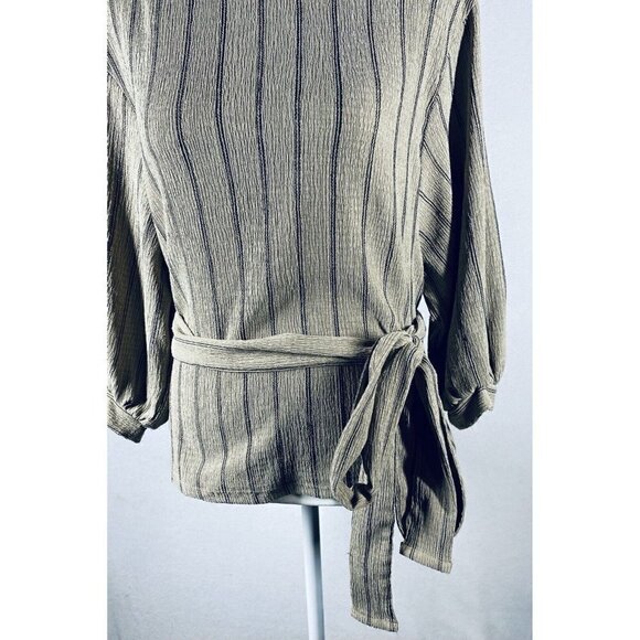 Zara Top Womens Medium Neutal Striped Rustic Waist Tie Muslin Gauzy Boho Peasant - Picture 3 of 7